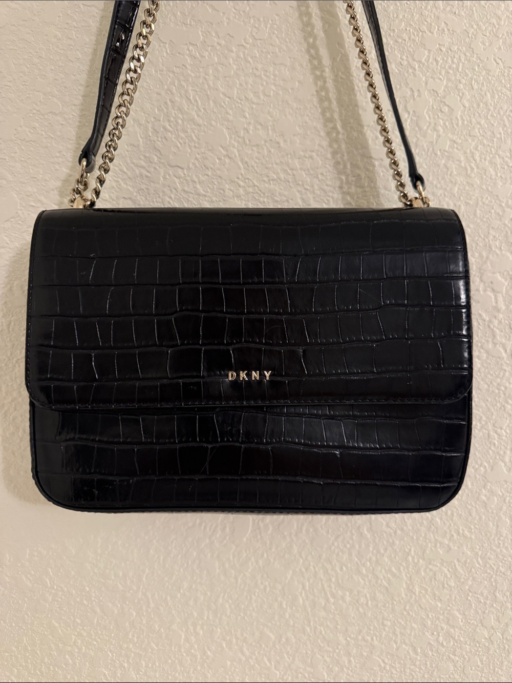 DKNY Black Croc-Embossed Shoulder Bag with Gold Chain
